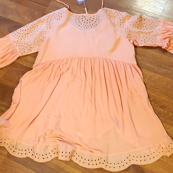 Free People Sea of love BOHO eyelet top tunic blouse peach long sleeves  XS 2 4 - Picture 8 of 8
